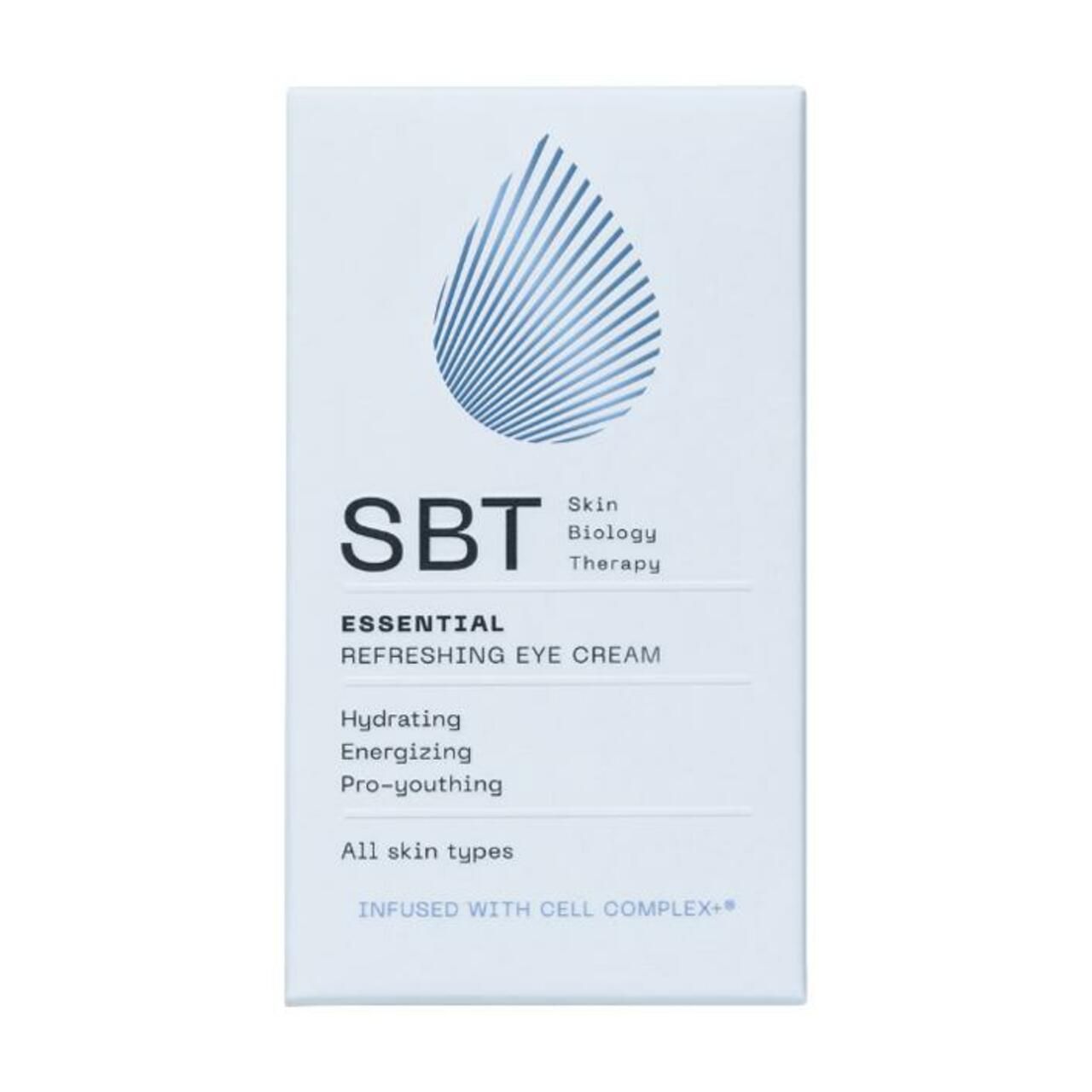 Weiße Verpackung mit SBT-Logo und Tropfen-Design. Text: Essential Refreshing Eye Cream. Angaben zu Hauttypen.