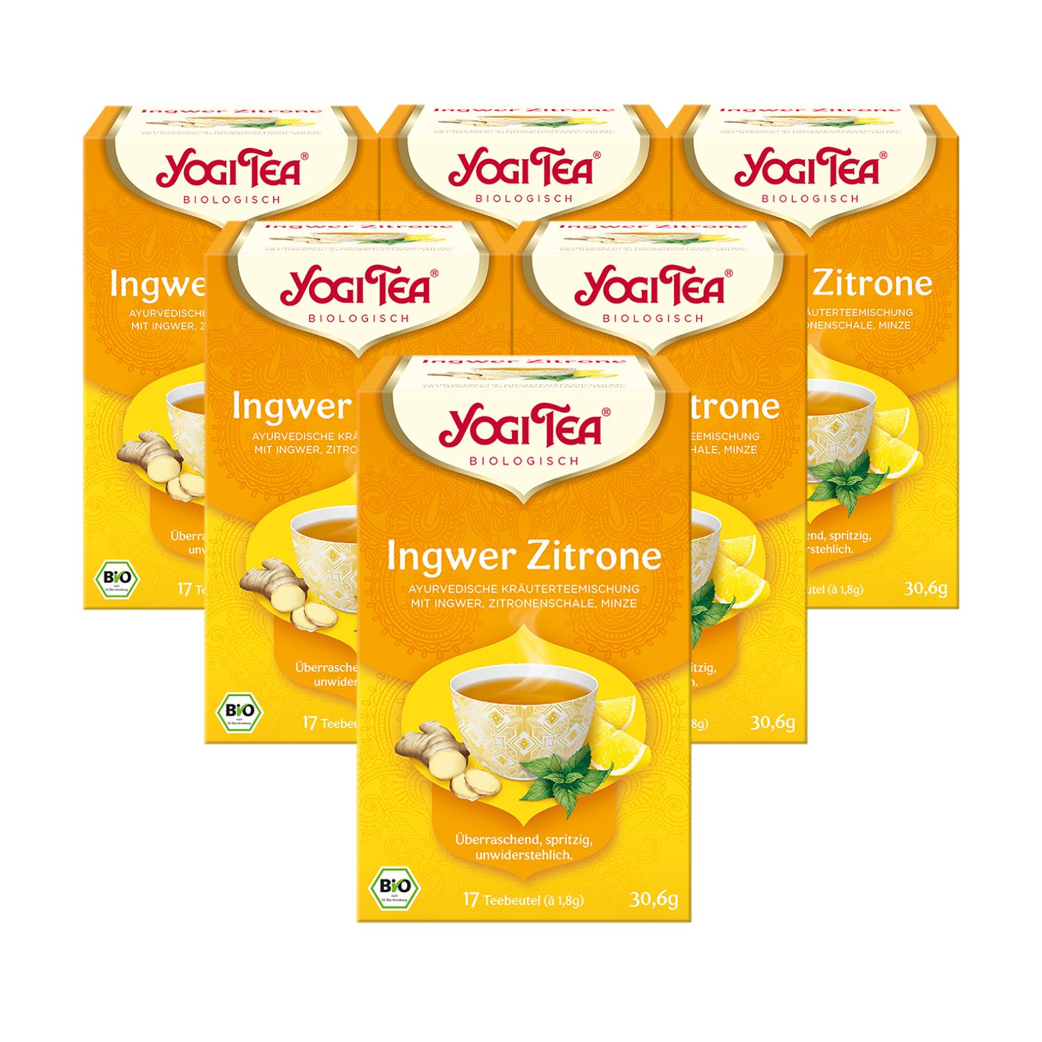 Mehrere Packungen Yogi Tea Ingwer Zitrone. Gelbe Verpackung mit Logo und Produktbezeichnung. Bio-Siegel.