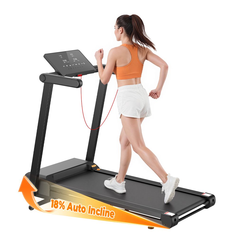 Schwarzes, klappbares Laufband mit Frau beim Laufen. 18% Auto Incline-Anzeige.