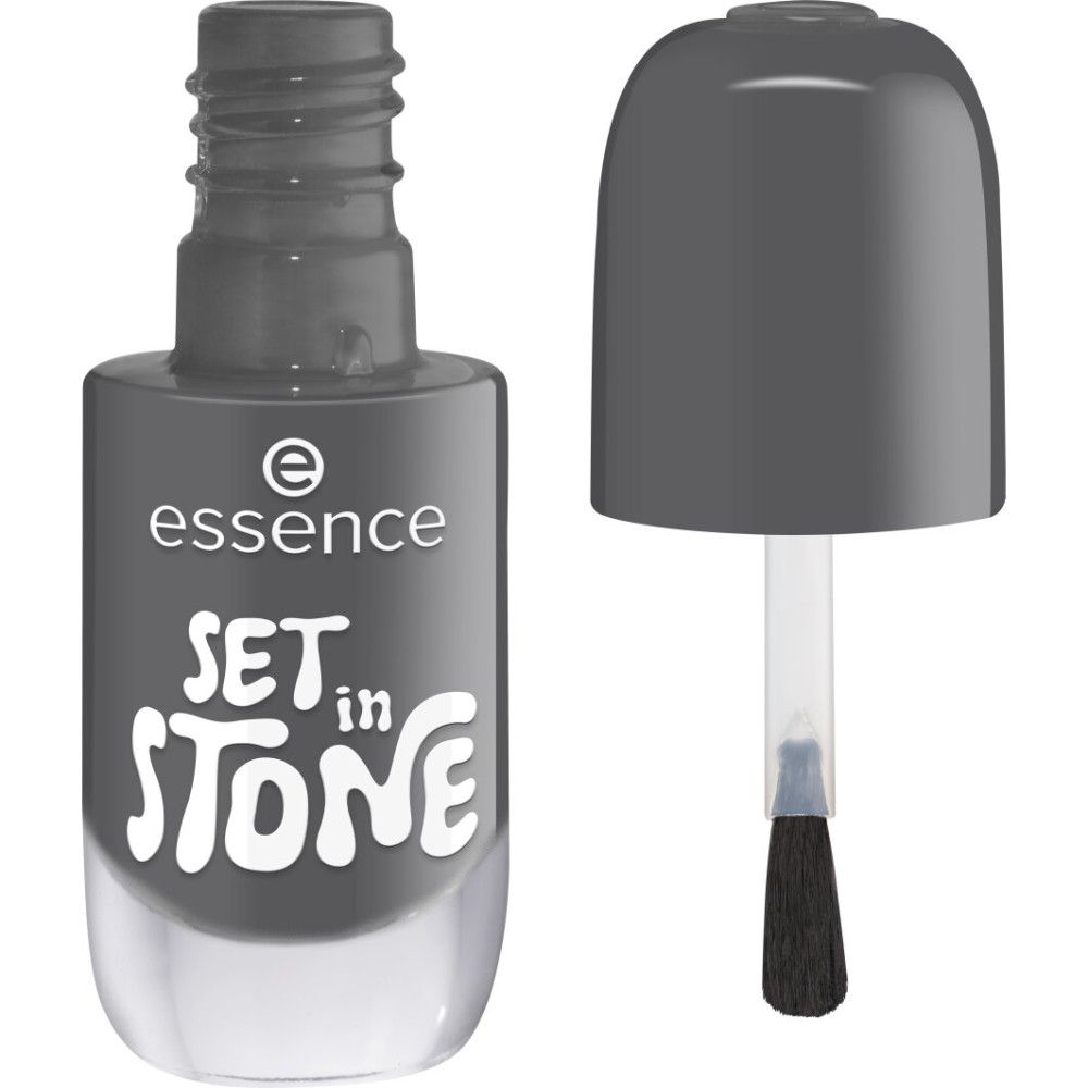 Grauer Nagellack der Marke Essence, "SET in STONE" Aufschrift, mit Applikator.