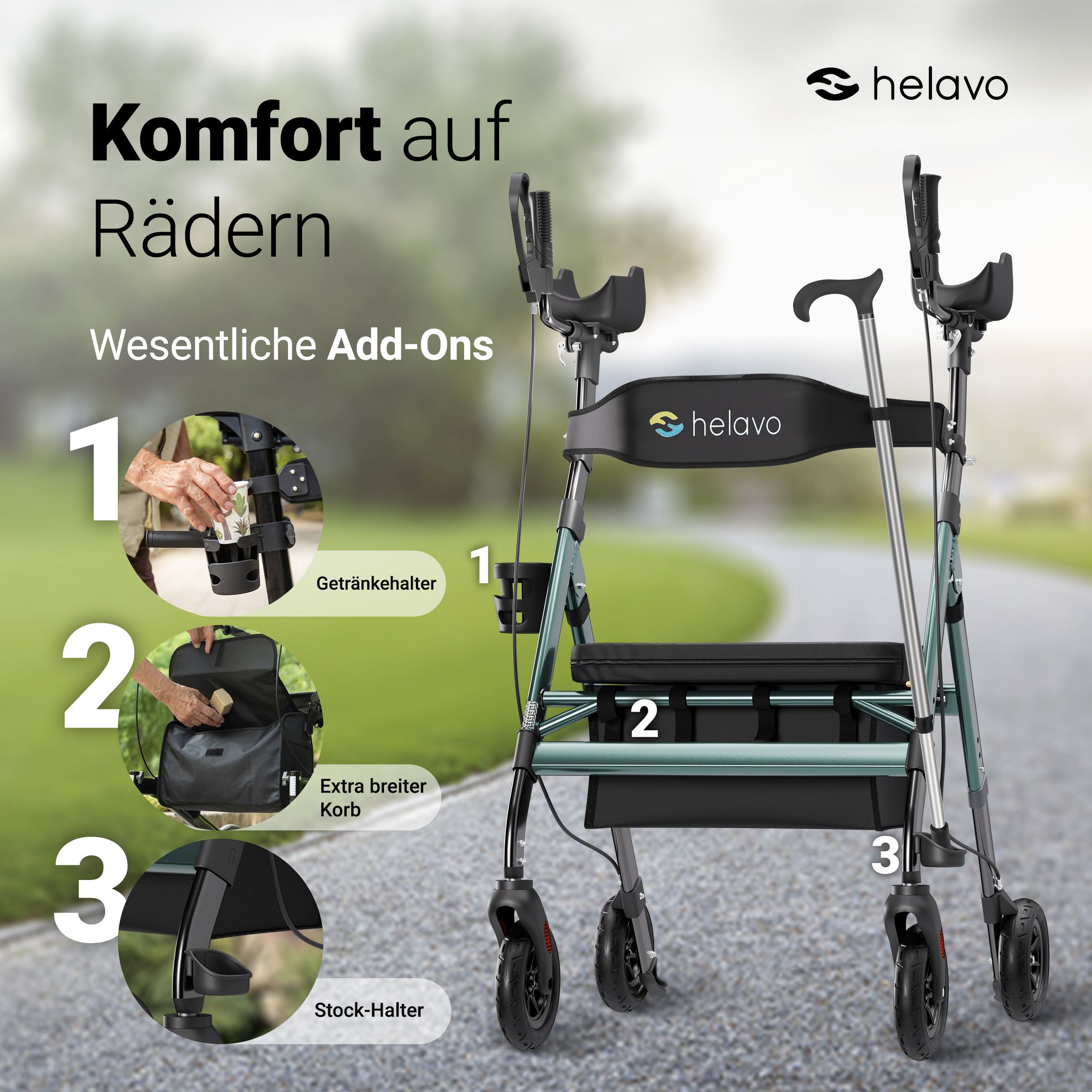 Helavo XXL Schwerlast Arthritis Rollator breit Stand Up Gehhilfe mit Armlehnen bis 226kg