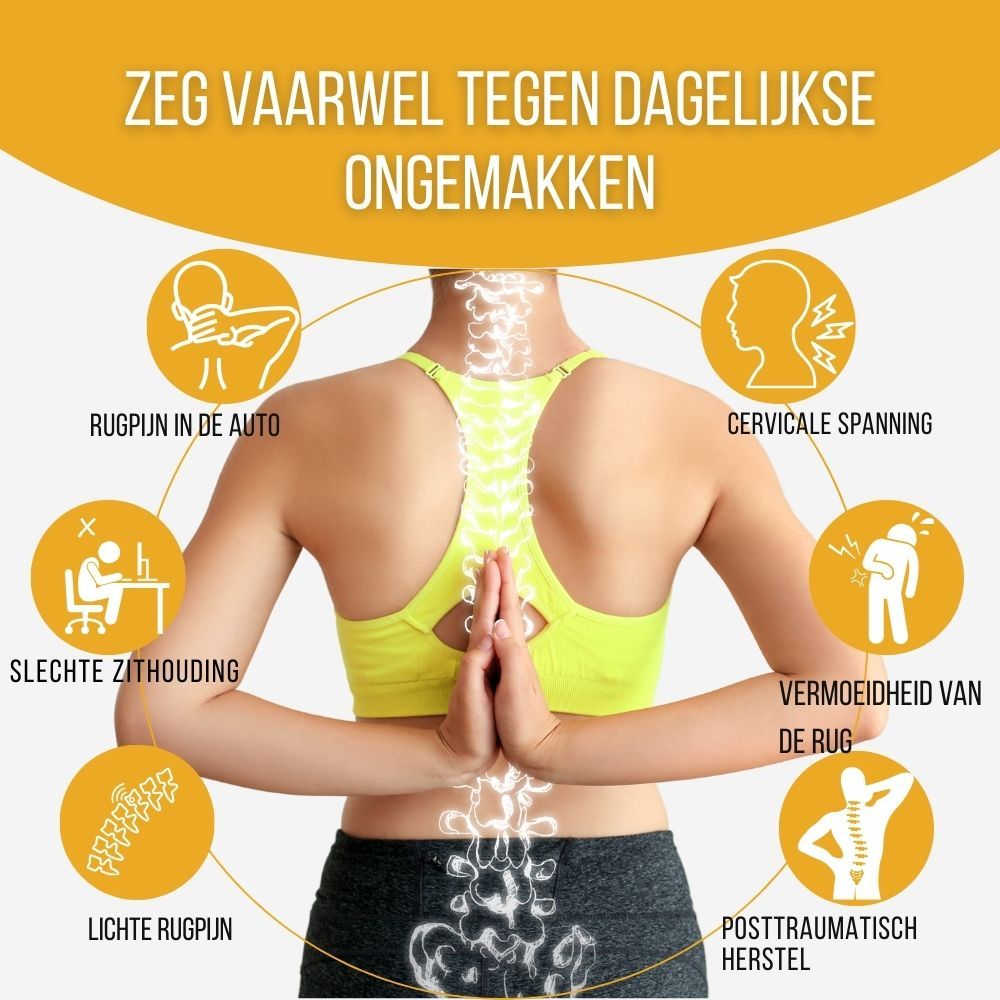 Illustratie van een vrouw met rugpijn, omringd door cirkels met klachten.