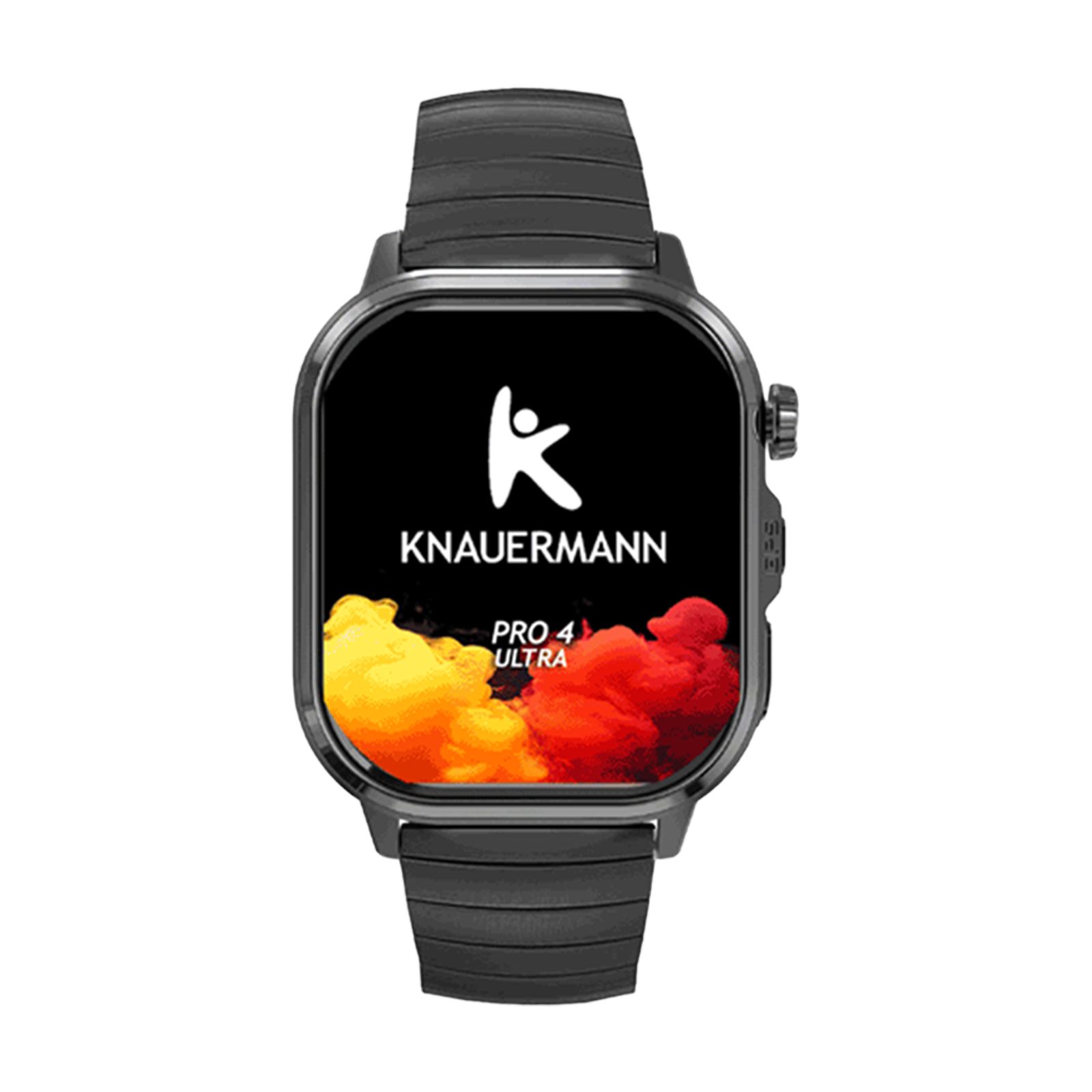 Schwarze Smartwatch mit rechteckigem Display, das das KNAUERMANN PRO 4 ULTRA Logo zeigt.