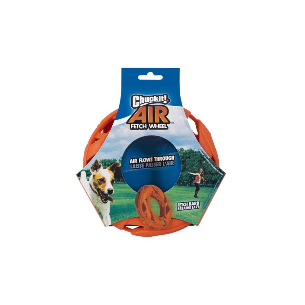 Verpackung mit orangefarbenem Ring. Text: 'Chuckit! AIR FETCH WHEEL'.