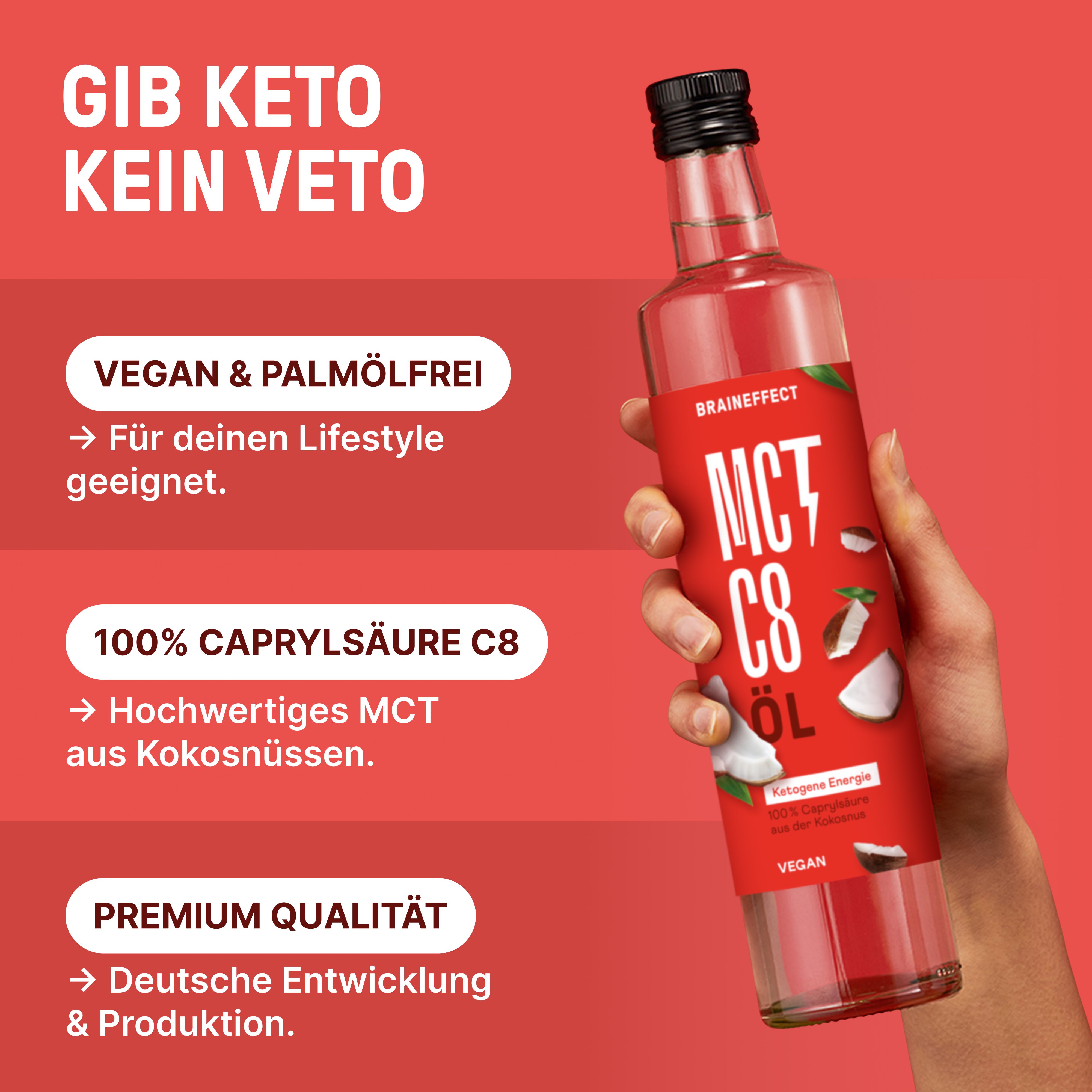 Hand hält Flasche MCT C8 Öl. Roter Hintergrund mit Text: Vegan & Palmölfrei, 100% Caprylsäure C8, Premium Qualität. Deutsche Entwicklung & Produktion.