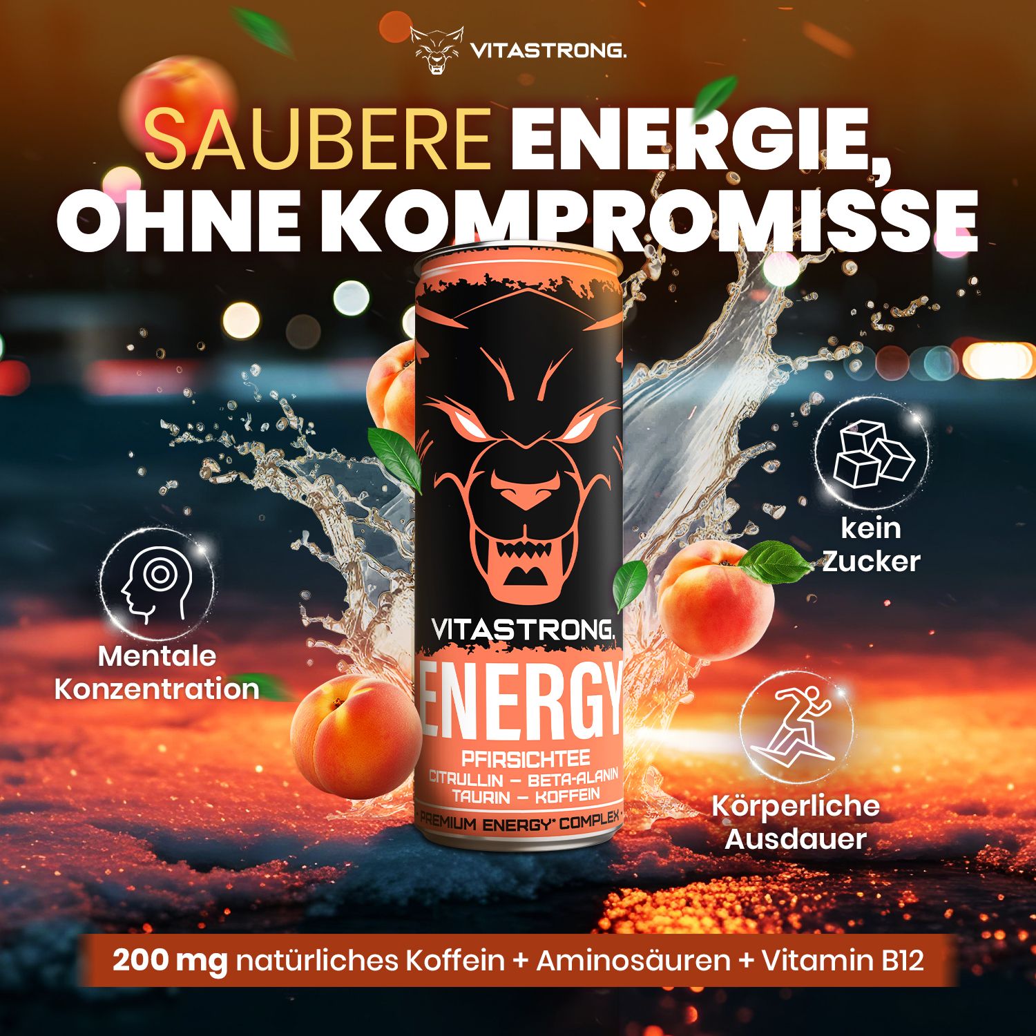 Vitastrong Energy Peach Tea Dose mit Pfirsichen und Wasser. Text: Saubere Energie, Konzentration, Ausdauer, kein Zucker.