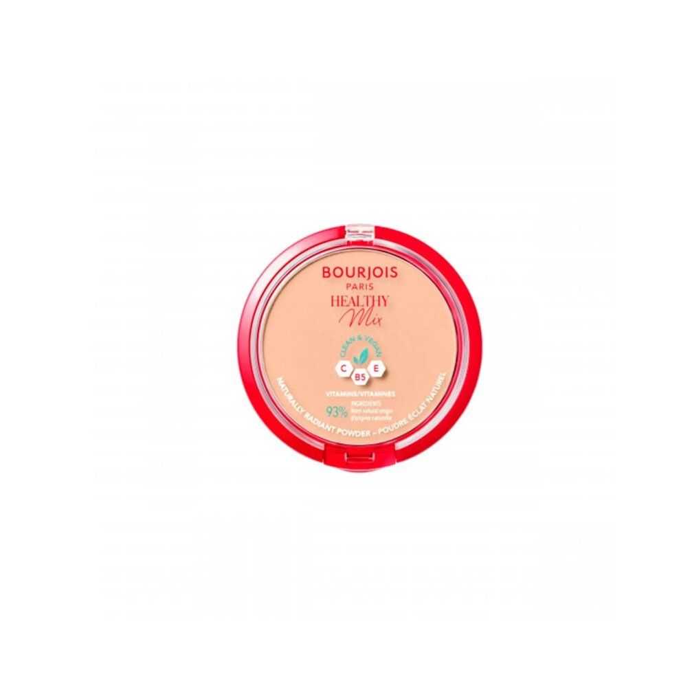 Runder, roter Behälter mit Puder. Aufschrift: Bourjois Paris Healthy Mix. Vegan, 93% Inhaltsstoffe natürlichen Ursprungs.