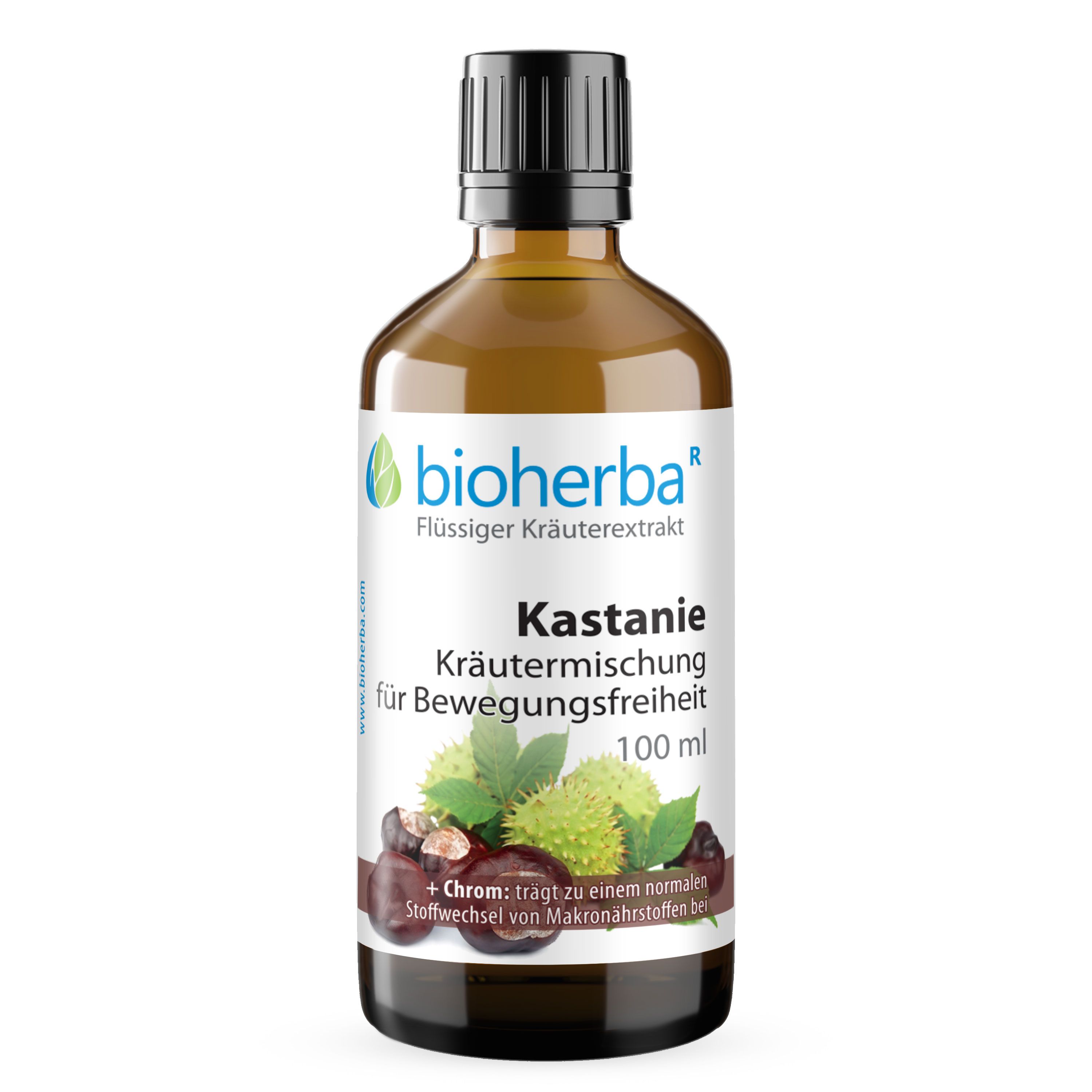 Etikett mit Produktinformationen und Logo. Kastanien-Illustration. Text: Kastanie Kräutermischung für Bewegungsfreiheit.