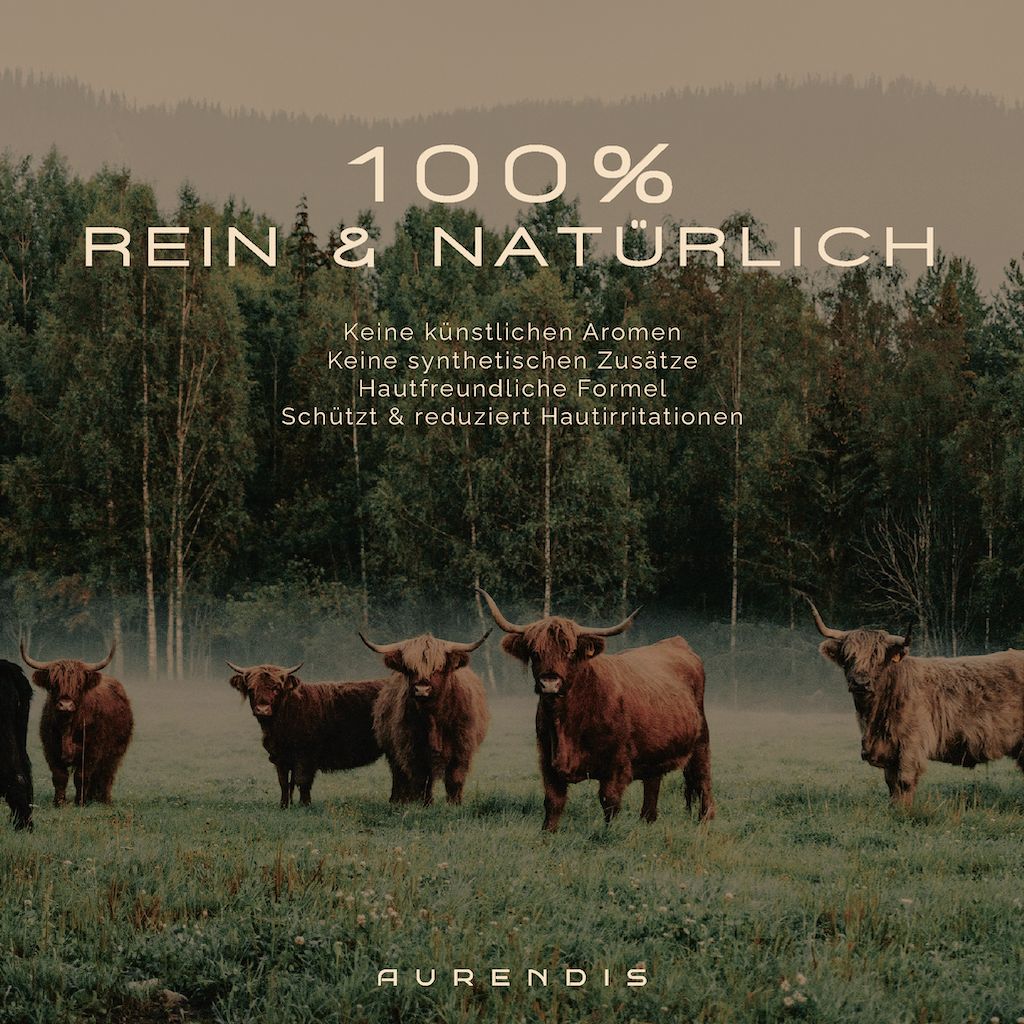 Wiese mit Kühen. Text: 100% rein & natürlich. Keine künstlichen Aromen, Zusätze.