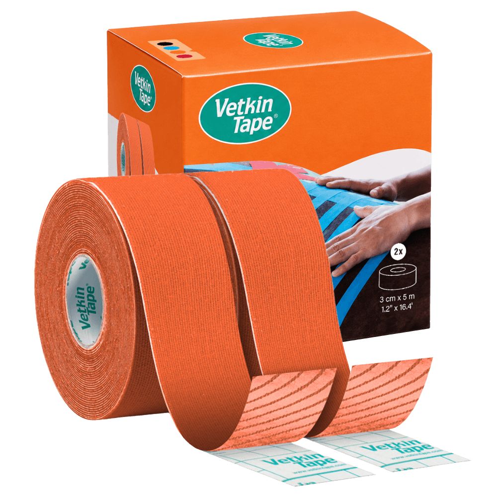 Zwei Rollen orangefarbenes VetkinTape Kinesiotape für Pferde und Hunde, 3cm x 5m.