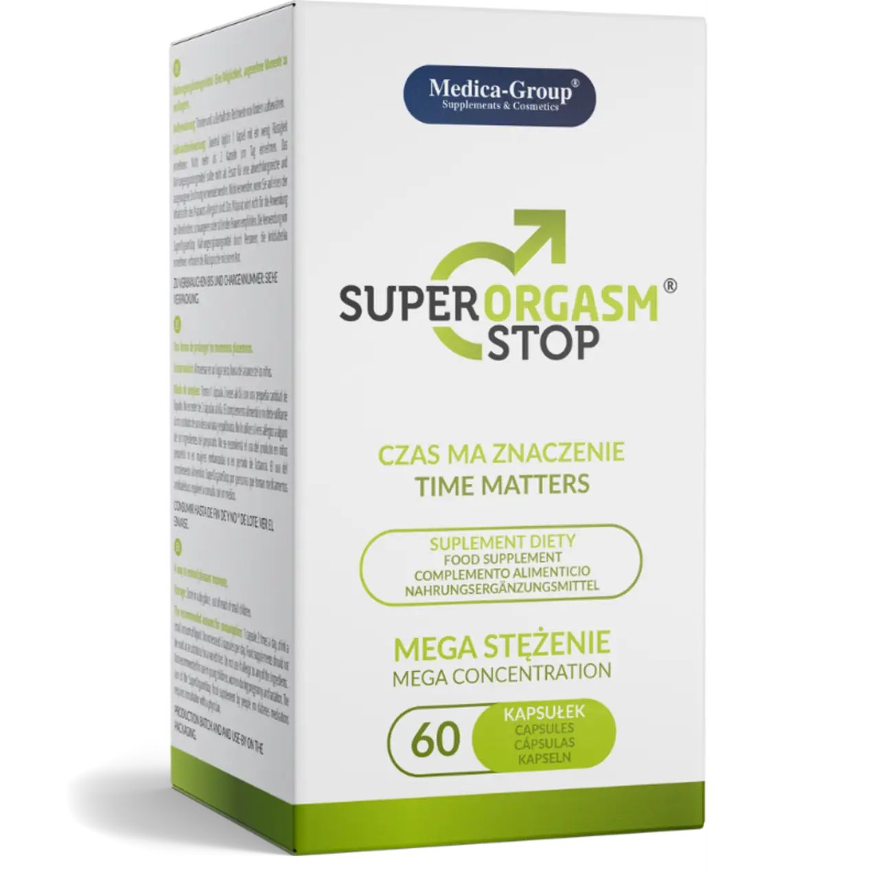 Weiße Schachtel. Aufschrift: Super Orgasm Stop, 60 Kapseln, Medica-Group. Grünes Logo und Schrift.