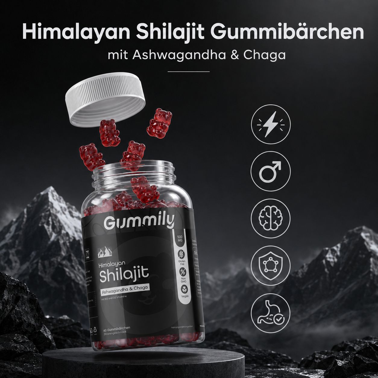 Gummily Shilajit Gummibärchen in einem Glasbehälter mit offenem Deckel. Rote Gummibärchen fliegen aus dem Behälter. Symbole für Energie, Mann, Gehirn, Immunität und Verdauung sind sichtbar.