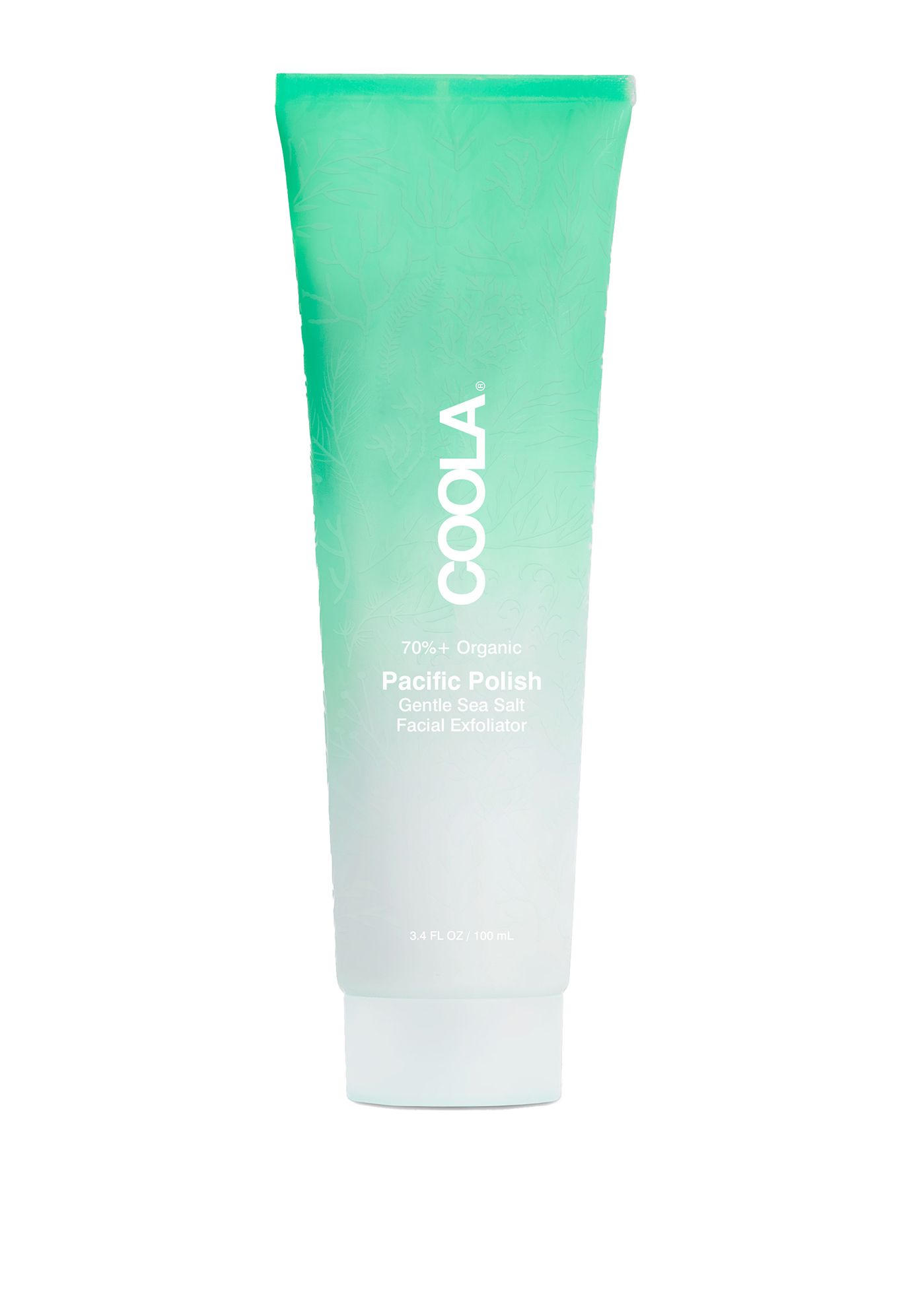 Eine Tube mit grün-weißem Farbverlauf. Aufschrift: COOLA, Pacific Polish Gentle Sea Salt Facial Exfoliator.