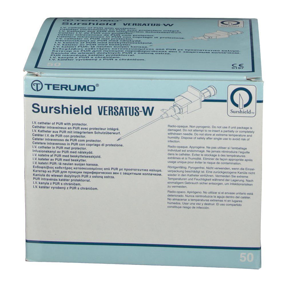 Karton von TERUMO® Surshield Versatus-W. Aufdrucke: Produktname, Logo, Text, Illustration. Hellblauer Hintergrund. 50 Stück.