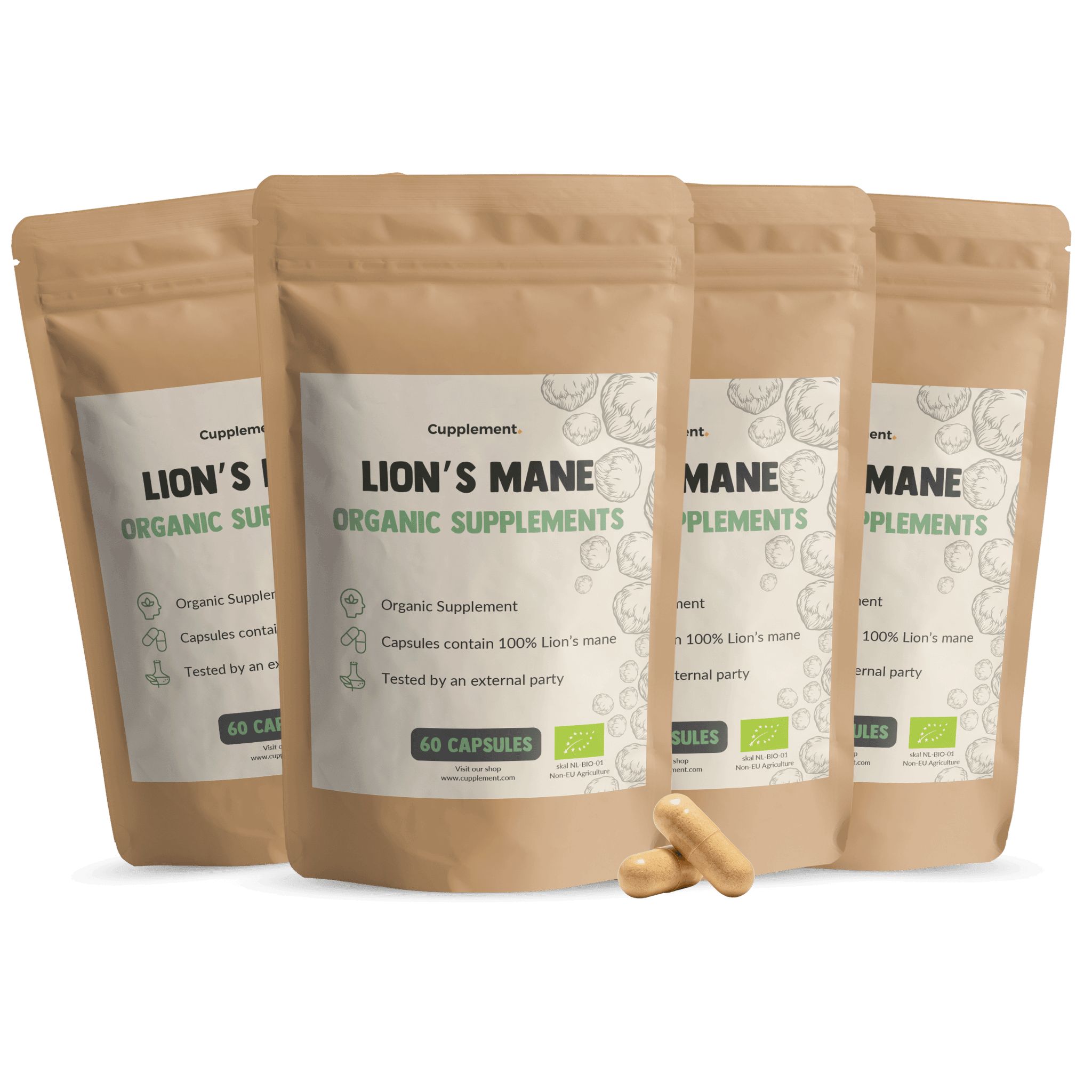 Vier Beutel Cupplement® Lion's Mane Kapseln. Braune Beutel mit weißem Etikett. 60 Kapseln. Zwei Kapseln liegen daneben.
