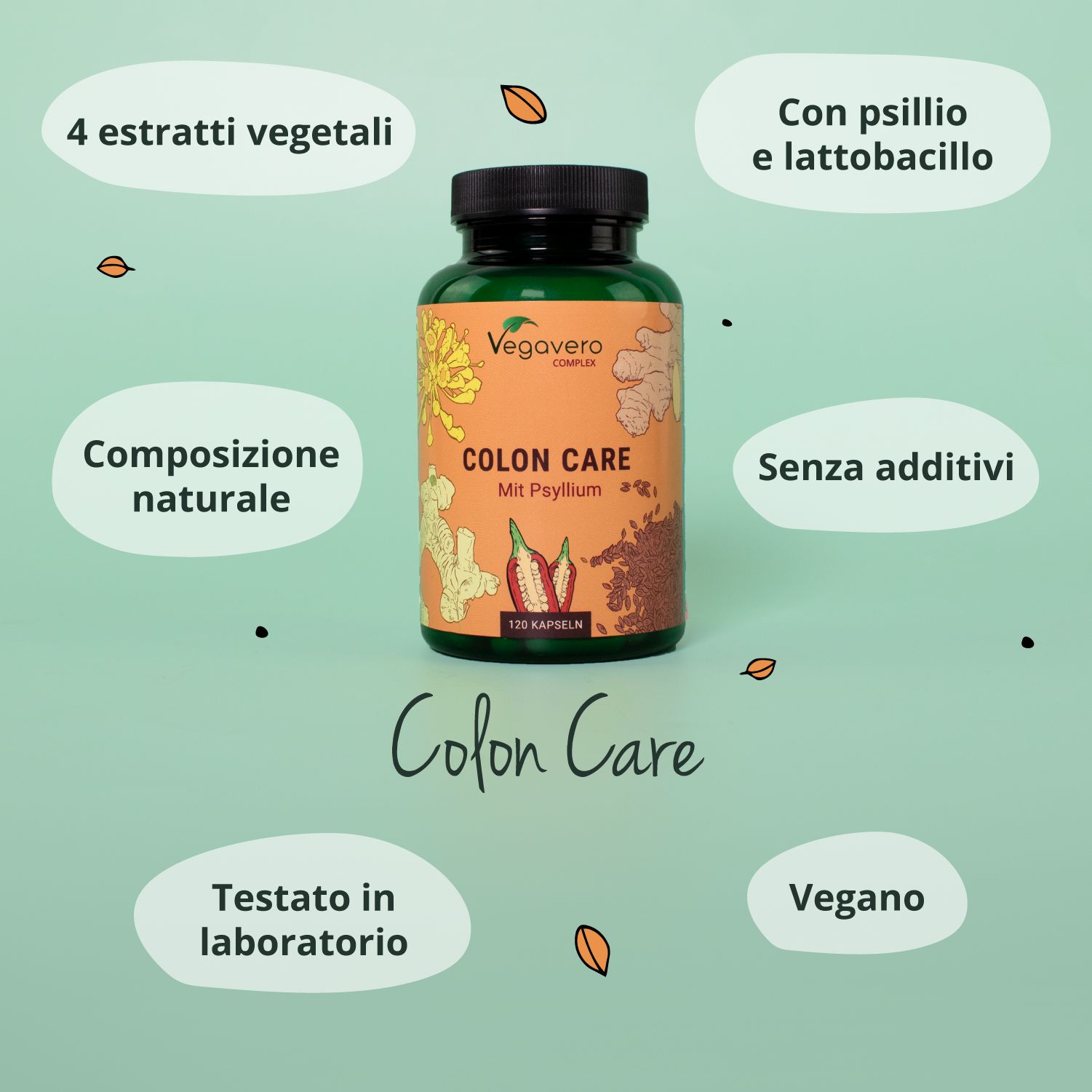 Flacone di capsule circondato da testo e illustrazioni. Scritta: Colon Care, Mit Psyllium. Vegano, testato in laboratorio, produzione tedesca.