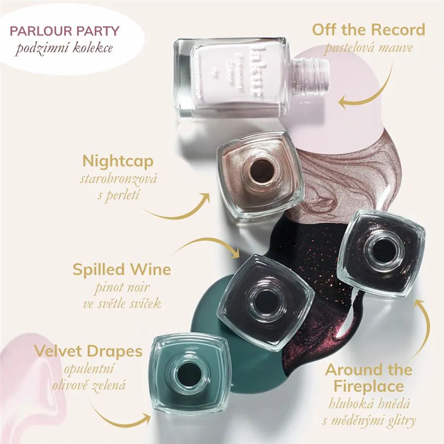 Verschiedene Nagellackflaschen. Text: Parlour Party. Farben und Namen.