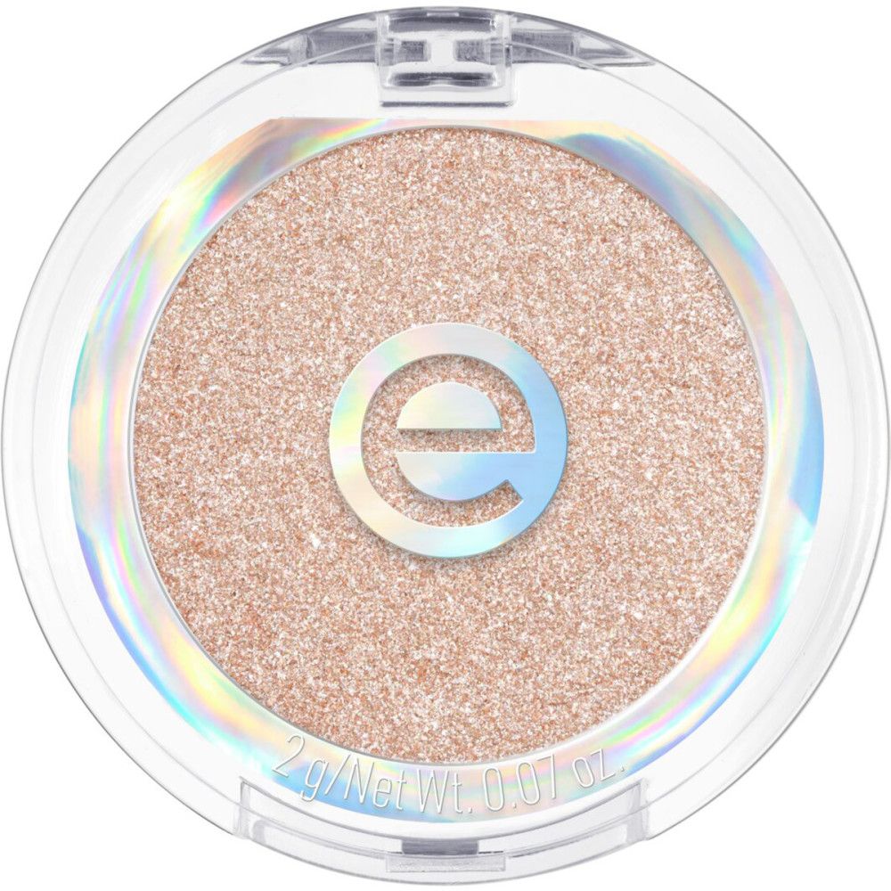 Runder, glitzernder Lidschatten in transparenter Verpackung. Das Produkt hat das Logo "e". Unten steht "2 g/Net Wt. 0.07 oz."