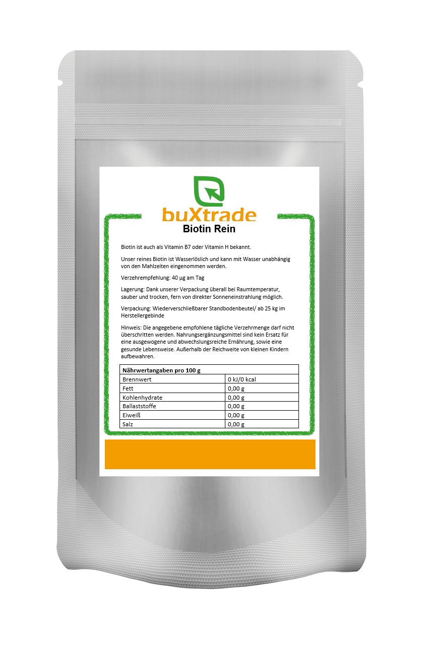 Beutel mit Produktinformationen. Aufschrift: buXtrade Biotin Rein. Enthält Nährwertangaben. Wiederverschließbarer Standbodenbeutel.