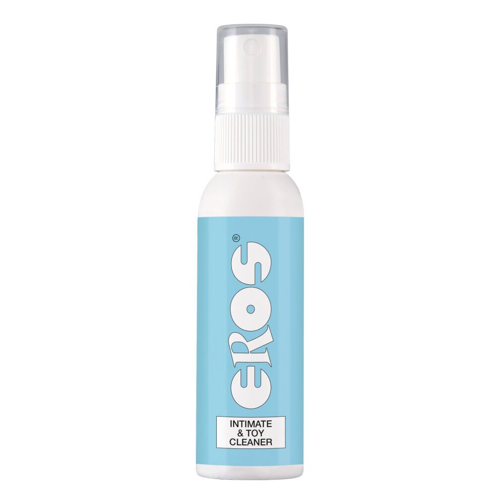 Weiße Flasche mit blauem Etikett. Aufschrift: EROS, Intimate & Toy Cleaner. Mit Sprühkopf.