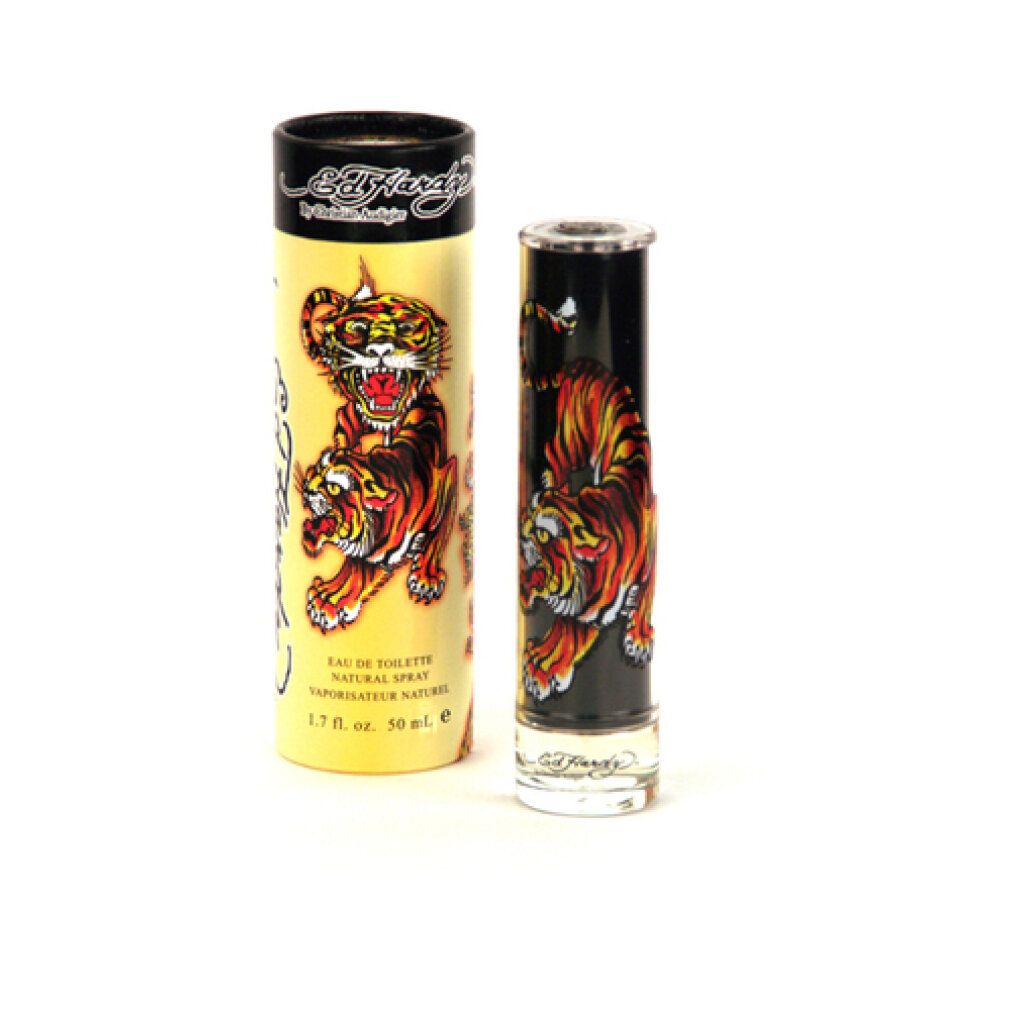 Ed Hardy Uomo Eau de Toilette Spray. Flakon und Verpackung mit Tiger-Design. Marke und Volumenangabe.