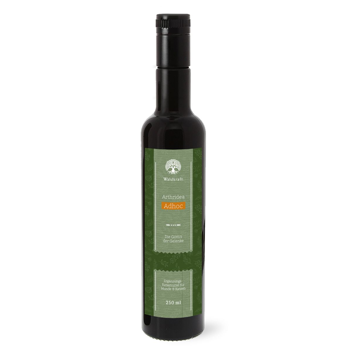 Dunkle Glasflasche mit grünem Etikett für Waldkraft Arthridea Adhoc. Enthält 250 ml.