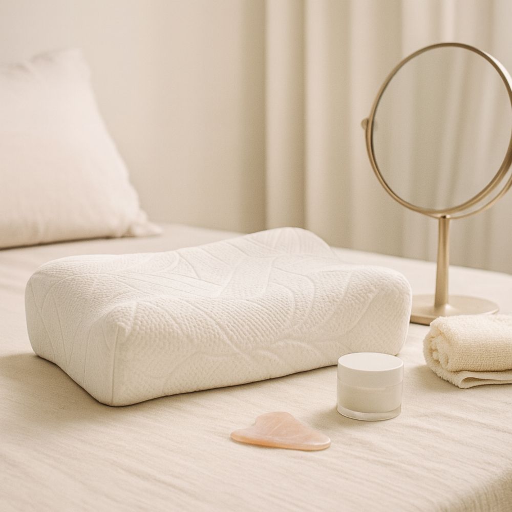 Weißes Kissen auf einem Bett. Daneben ein Spiegel, eine Creme und ein Gua Sha-Stein. Ergonomische Form.