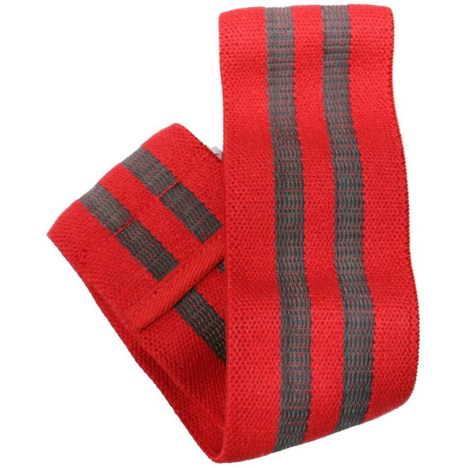Rotes Loop Band mit grauen Streifen. Gefaltet.