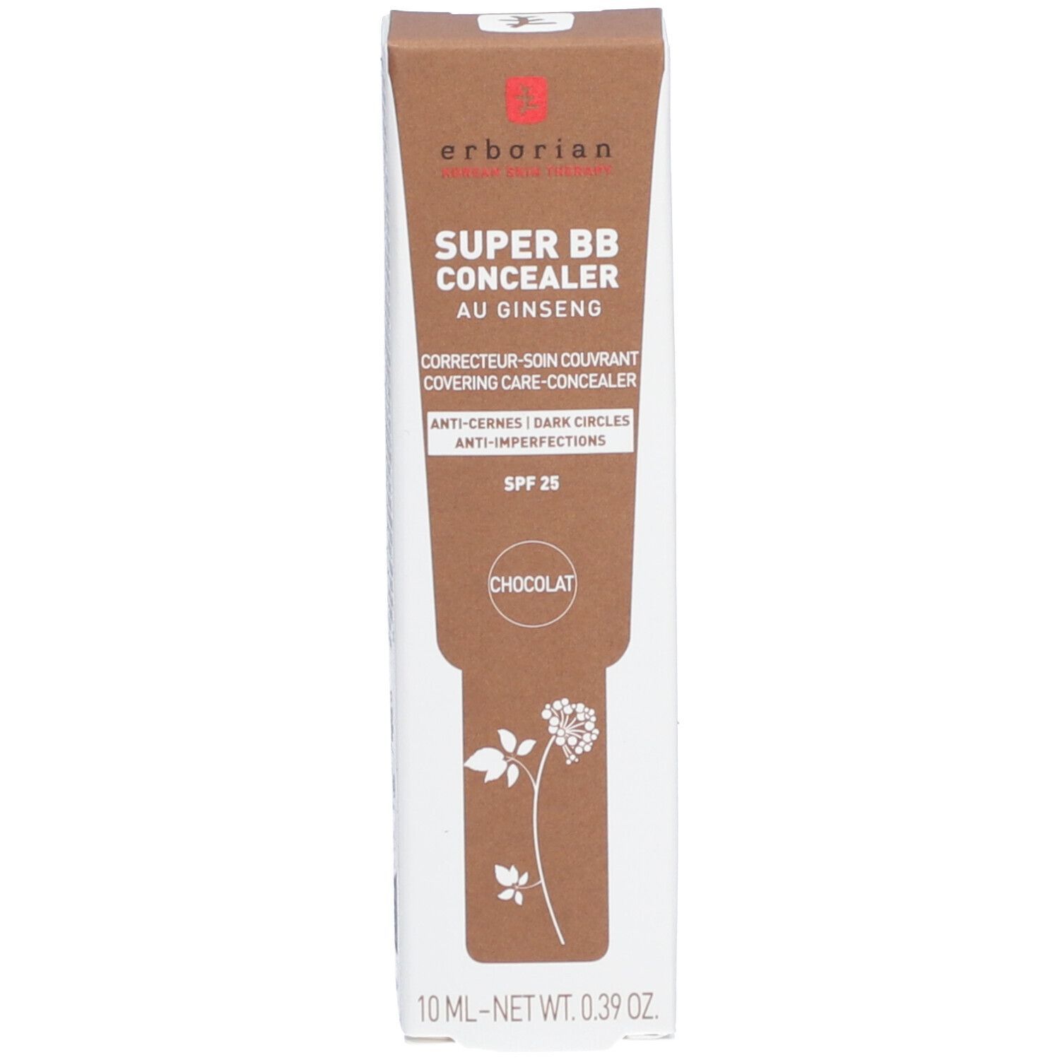 Kartonverpackung. Aufschrift: SUPER BB CONCEALER AU GINSENG, CHOCOLAT. Marke: Erborian. Mit floralem Motiv.
