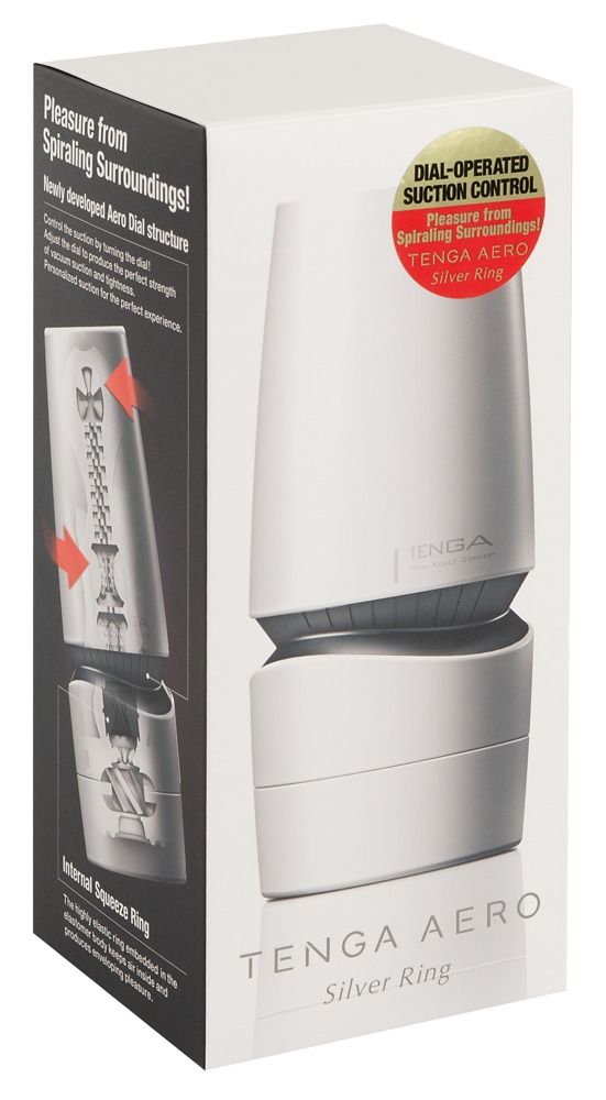 Verpackung mit Produktabbildung. Produktname: TENGA AERO Silver Ring. Text: Dial-operated Suction Control.