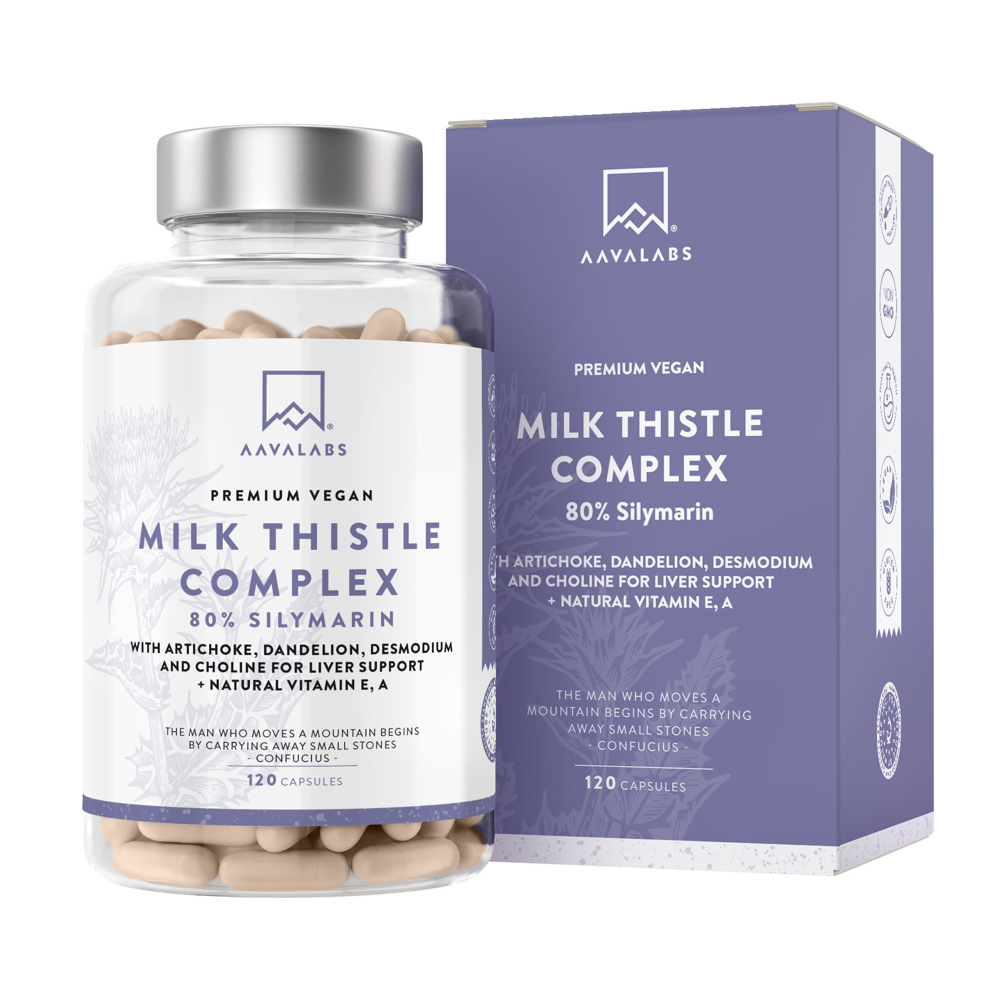 Flasche und Schachtel mit Produktinformationen. Enthält Milk Thistle Complex, 120 Kapseln. Marke: Aavalabs.