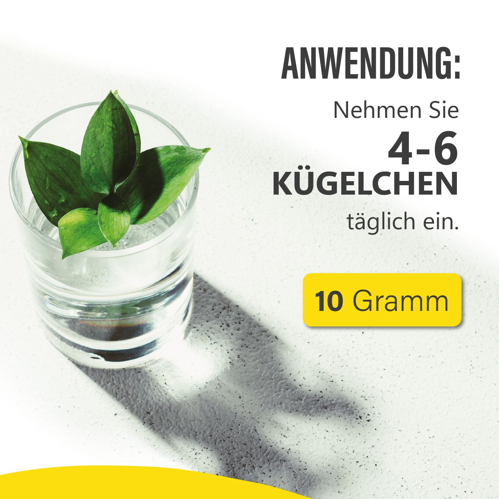 Glas mit Wasser und grünen Blättern. Text: "4-6 Kügelchen täglich einnehmen". Gelbes Feld mit "10 Gramm".
