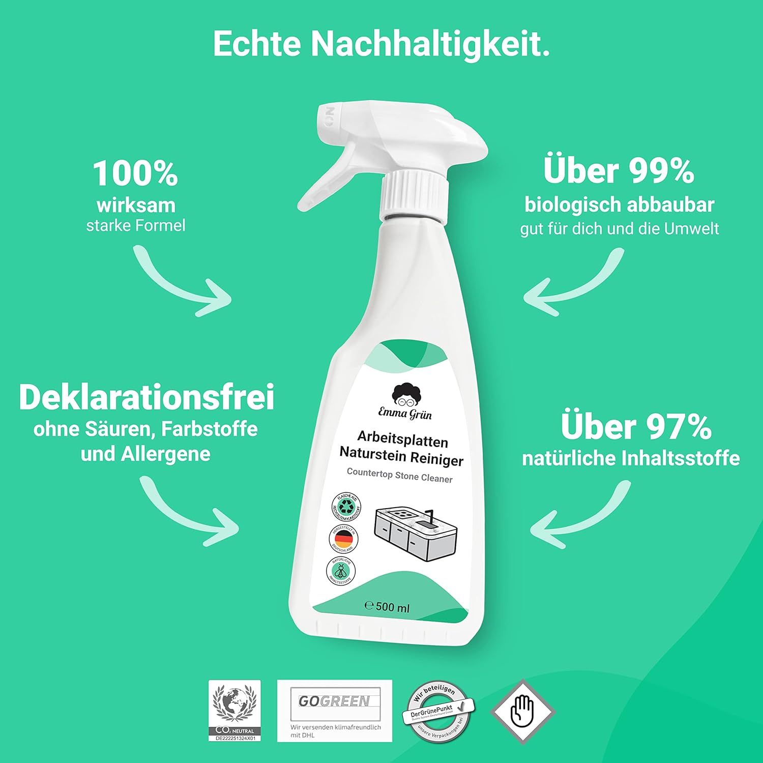 Emma Grün® natürlicher Marmor- & Küchenarbeitsplatten-Reiniger inkl. wiederverwendbarem Schwamm