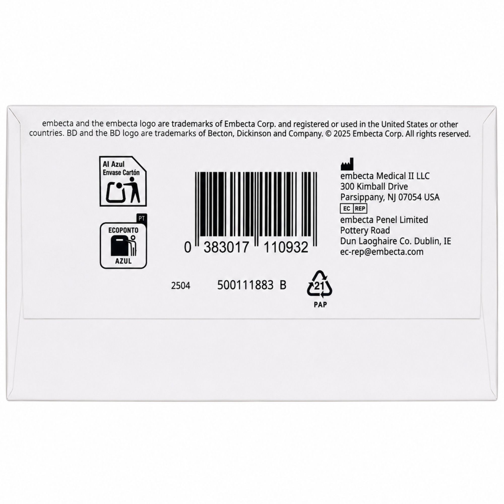 Verpackung mit Barcode, Produktnummer 500111883 B und Herstellerinformationen.