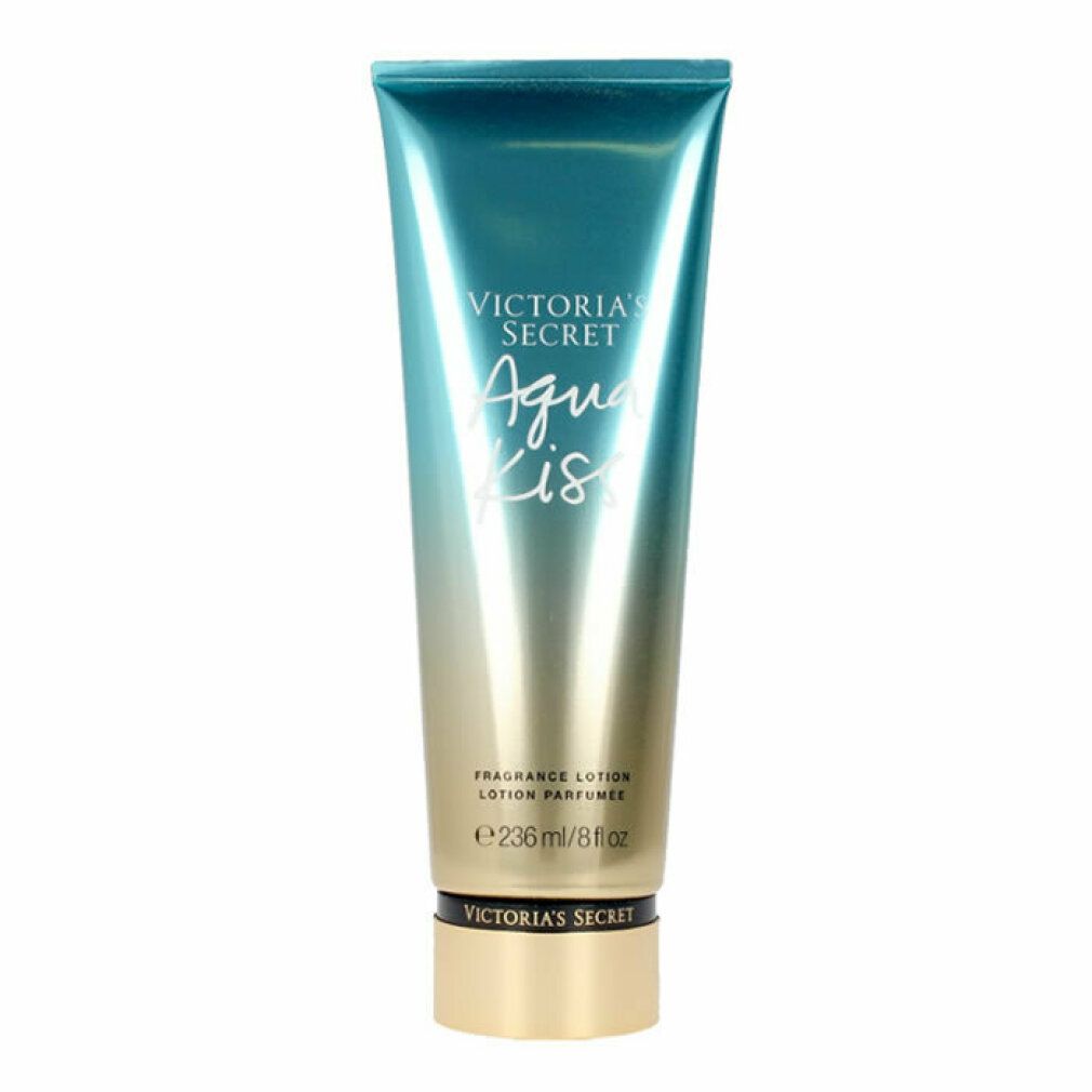 Lotion-Tube mit blau-goldener Farbverlauf. Aufschrift: Victoria's Secret Aqua Kiss, Fragrance Lotion. Volumen: 236ml/8 fl oz.