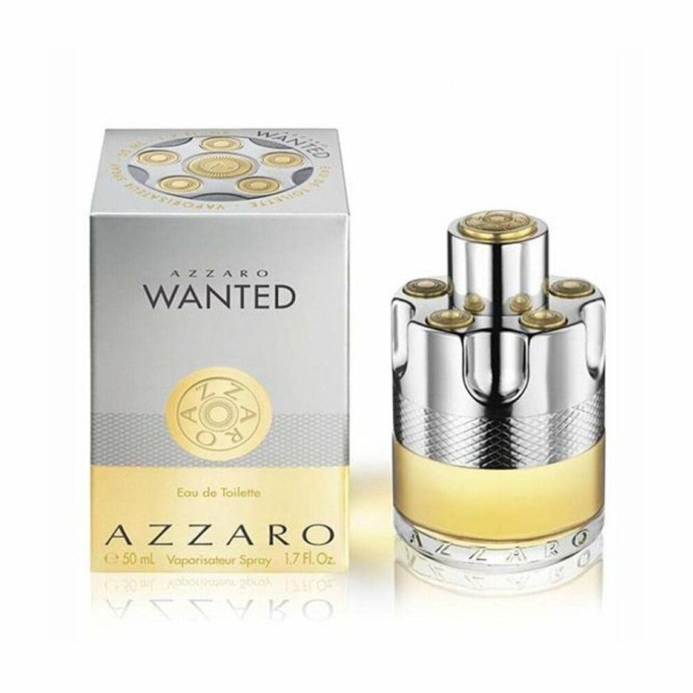 Parfümflakon und Verpackung. Flakon silber-goldfarben, zylinderförmig. Verpackung silber-gold mit Schriftzug WANTED und AZZARO.