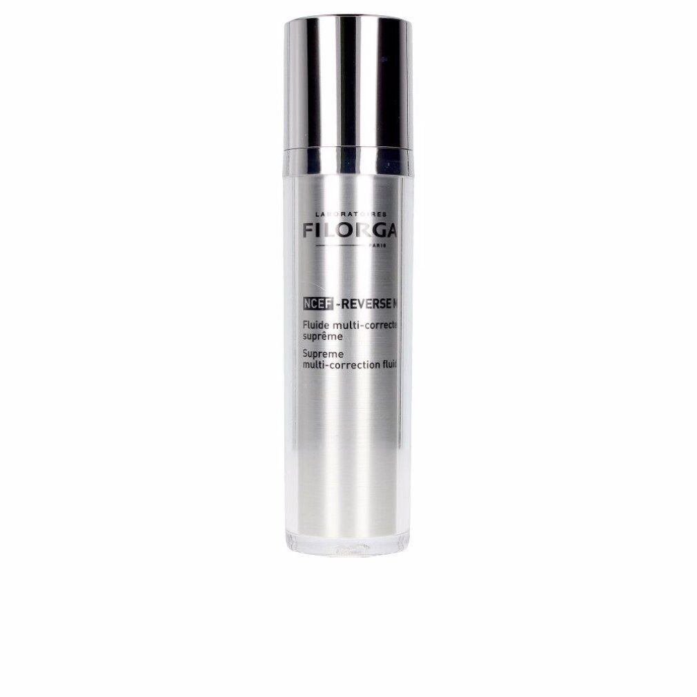Filorga NCEF-Reverse Supreme Multi-Correction Fluid in silberner Pumpspenderflasche.