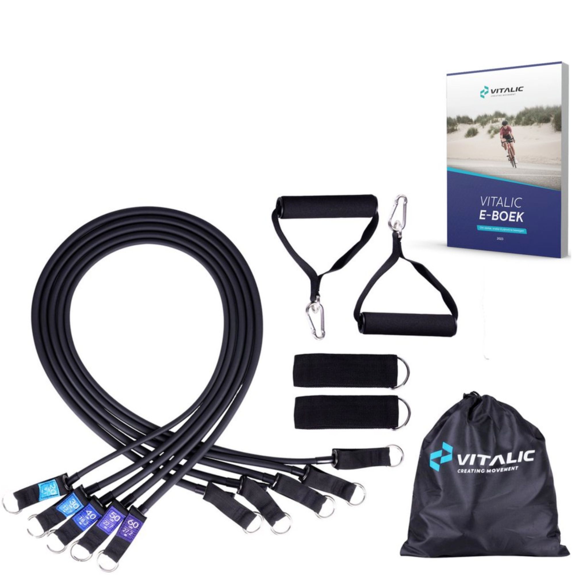 Schwarze Widerstandsbänder mit Griffen, zwei Handgriffen, zwei Fußschlaufen, einem E-Book und einer schwarzen Tasche. VITALIC-Logo.