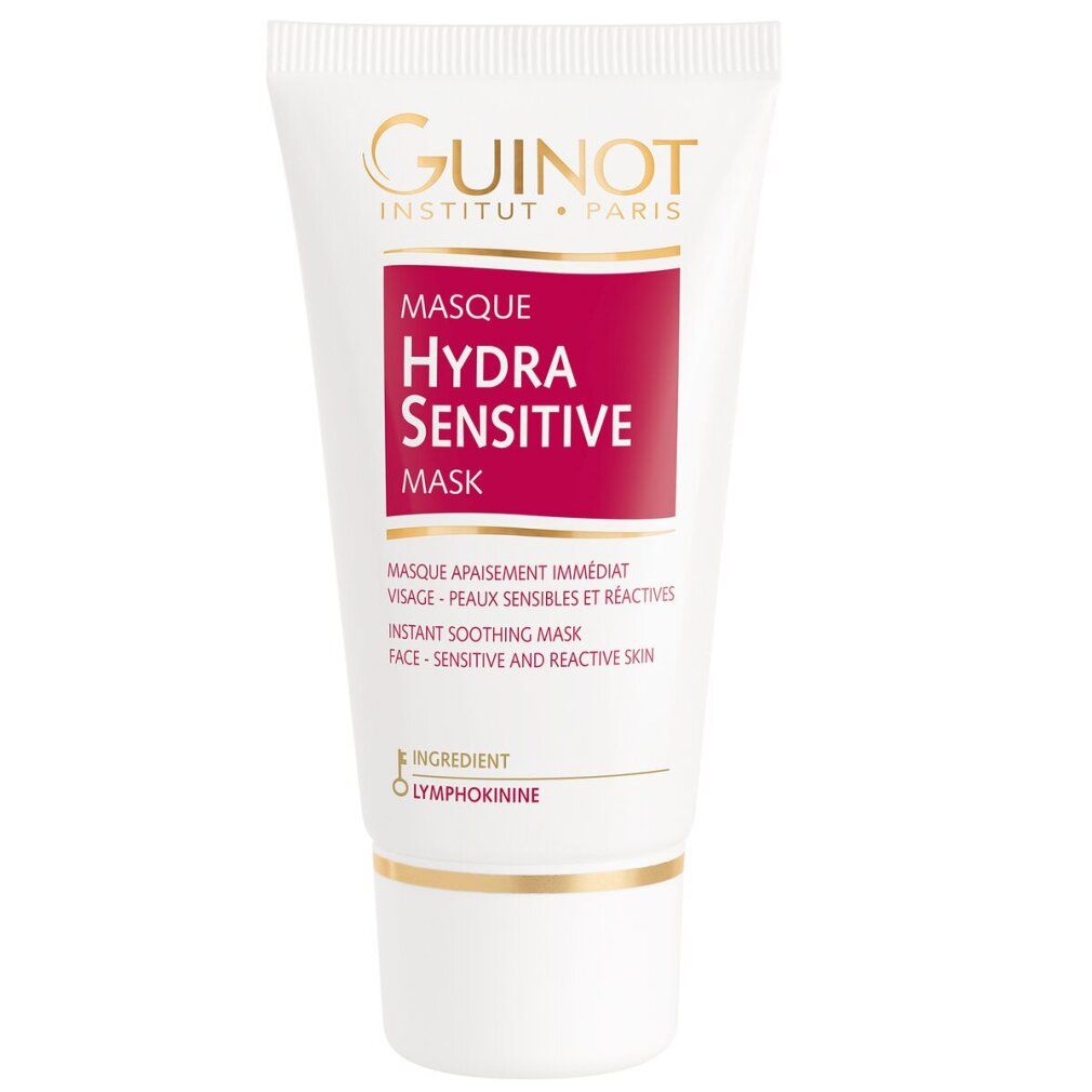 Weiße Tube mit rotem Etikett. Aufschrift: Masque Hydra Sensitive Mask. Guinot Logo. Für empfindliche Haut.