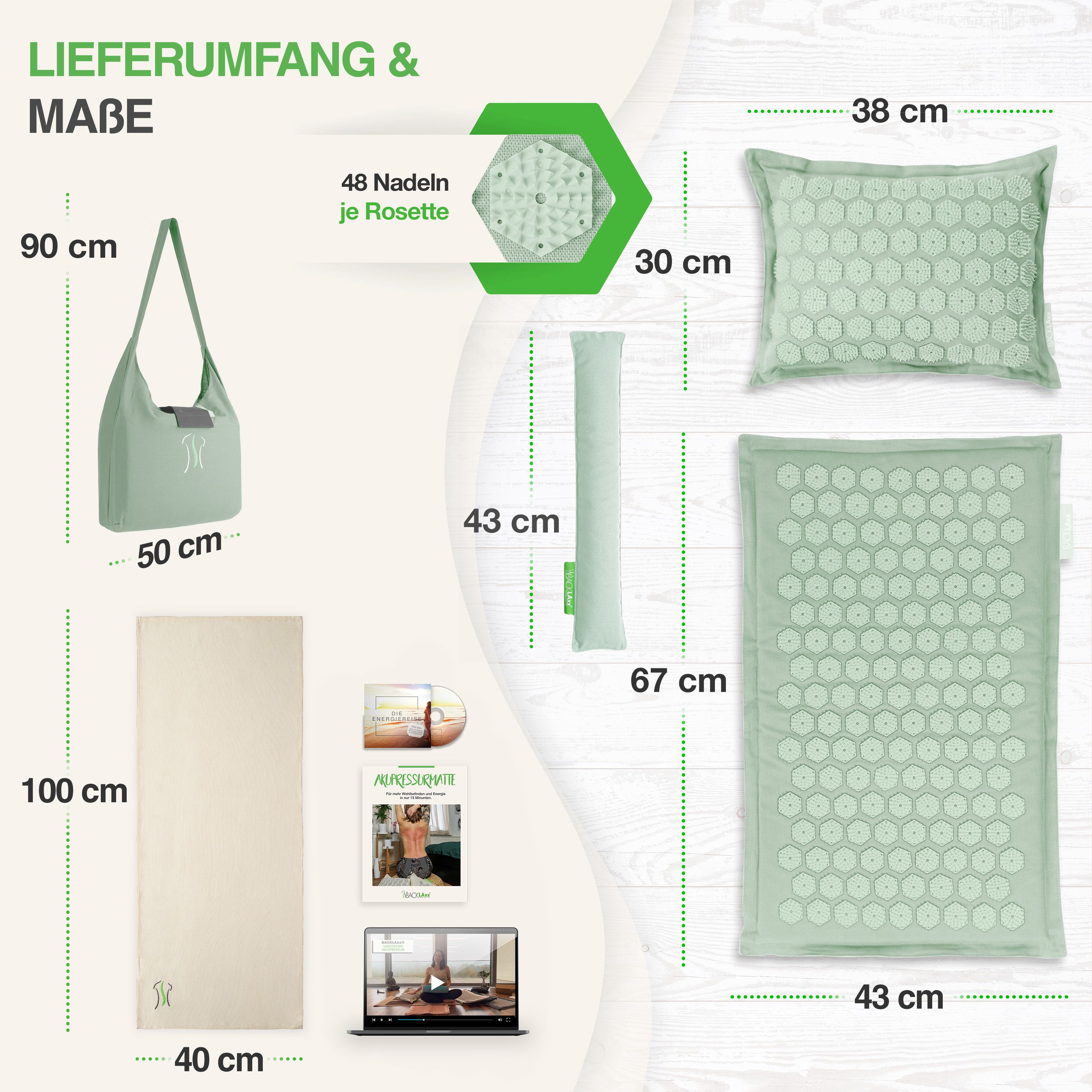 Set mit Matte, Kissen, Tasche, Handtuch, E-Book. Maße: Matte 100x43cm, Kissen 38x30cm, Tasche 90x50cm. 48 Nadeln pro Rosette.