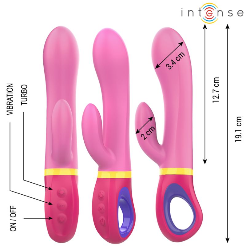 Rosa Vibrator mit gelben und blauen Akzenten. Maße: 19,1 cm hoch, 12,7 cm lang, 3,4 cm breit. Mit ON/OFF und Vibration Turbo.