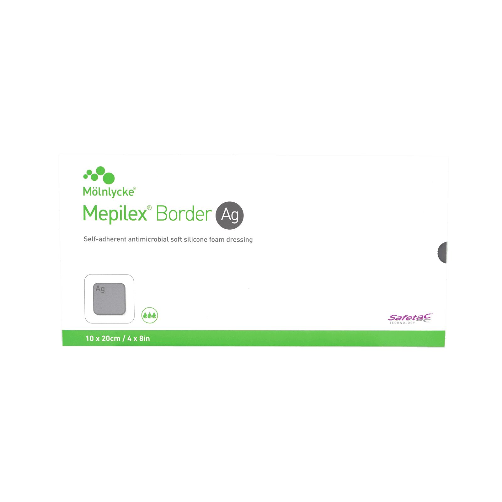 Verband Mepilex Border Ag, 10x20 cm. Antimikrobieller Schaumverband. Grün-weiße Verpackung. Marke Mölnlycke.