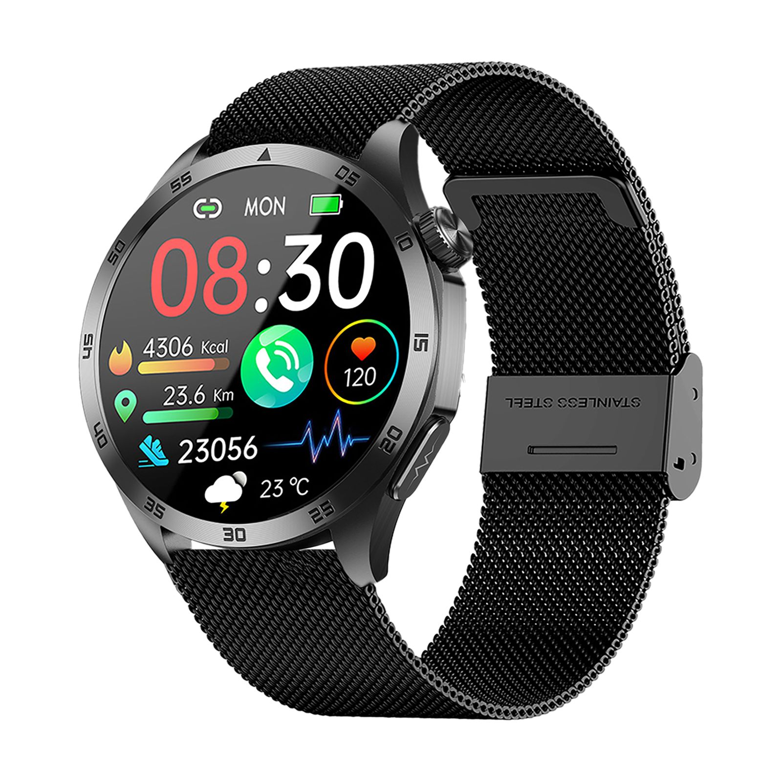 Schwarze Smartwatch mit Metallarmband. Rundes Zifferblatt mit Uhrzeit, Gesundheitsdaten und Icons. Edelstahl-Schließe.