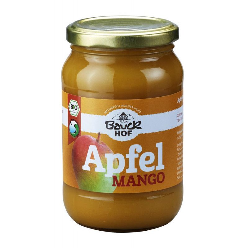Glas mit Apfel-Mangomark. Deckel goldfarben. Etikett mit Logo, Apfel-Mango-Illustration und Bio-Siegel.