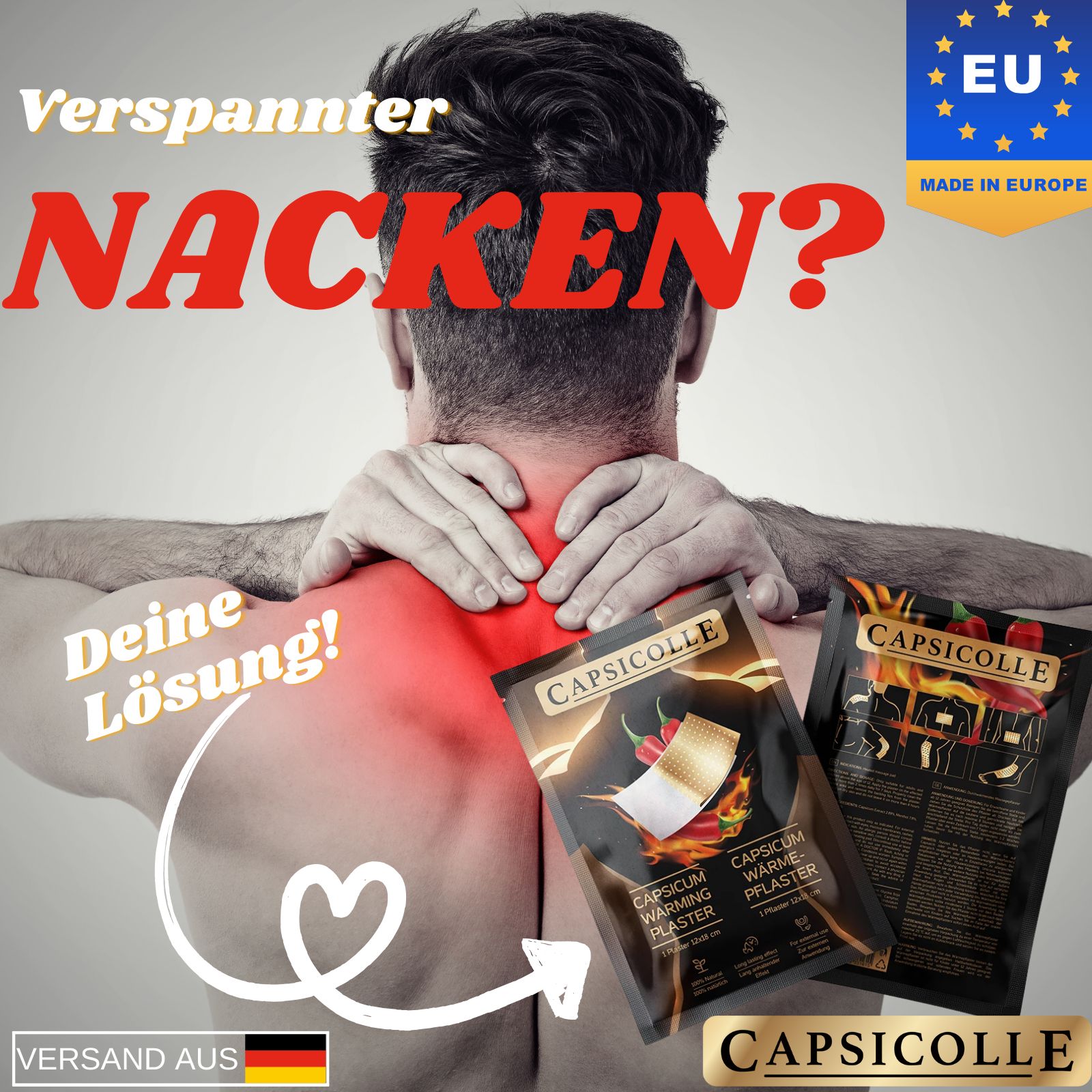 Zwei Capsicolle Wärmepflaster-Verpackungen neben einer Person, die sich den Nacken hält. Text: "Verspannter Nacken?" und "Deine Lösung!".