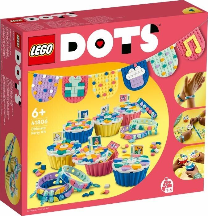 LEGO DOTS Ultimate Party Kit. La confezione mostra il set con braccialetti colorati, decorazioni per cupcake e una ghirlanda. Il set include piccoli pezzi LEGO colorati e istruzioni. Adatto a bambini dai 6 anni in su, contiene 41806 pezzi.