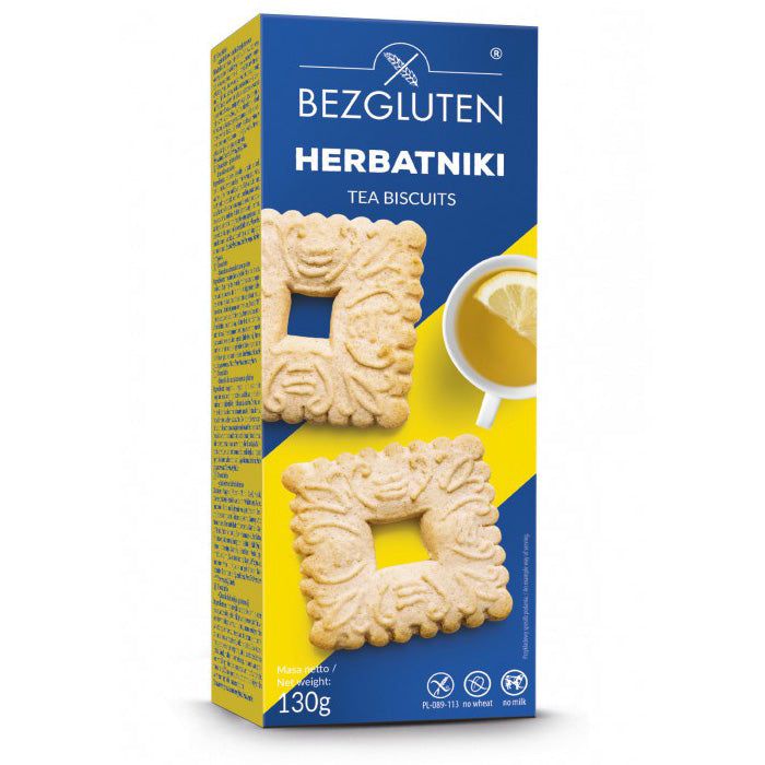 Blau-gelbe Kartonverpackung mit Bezgluten-Logo. Aufgedruckt sind Herbatniki-Kekse und eine Tasse Tee mit Zitrone. Glutenfrei-Symbole.