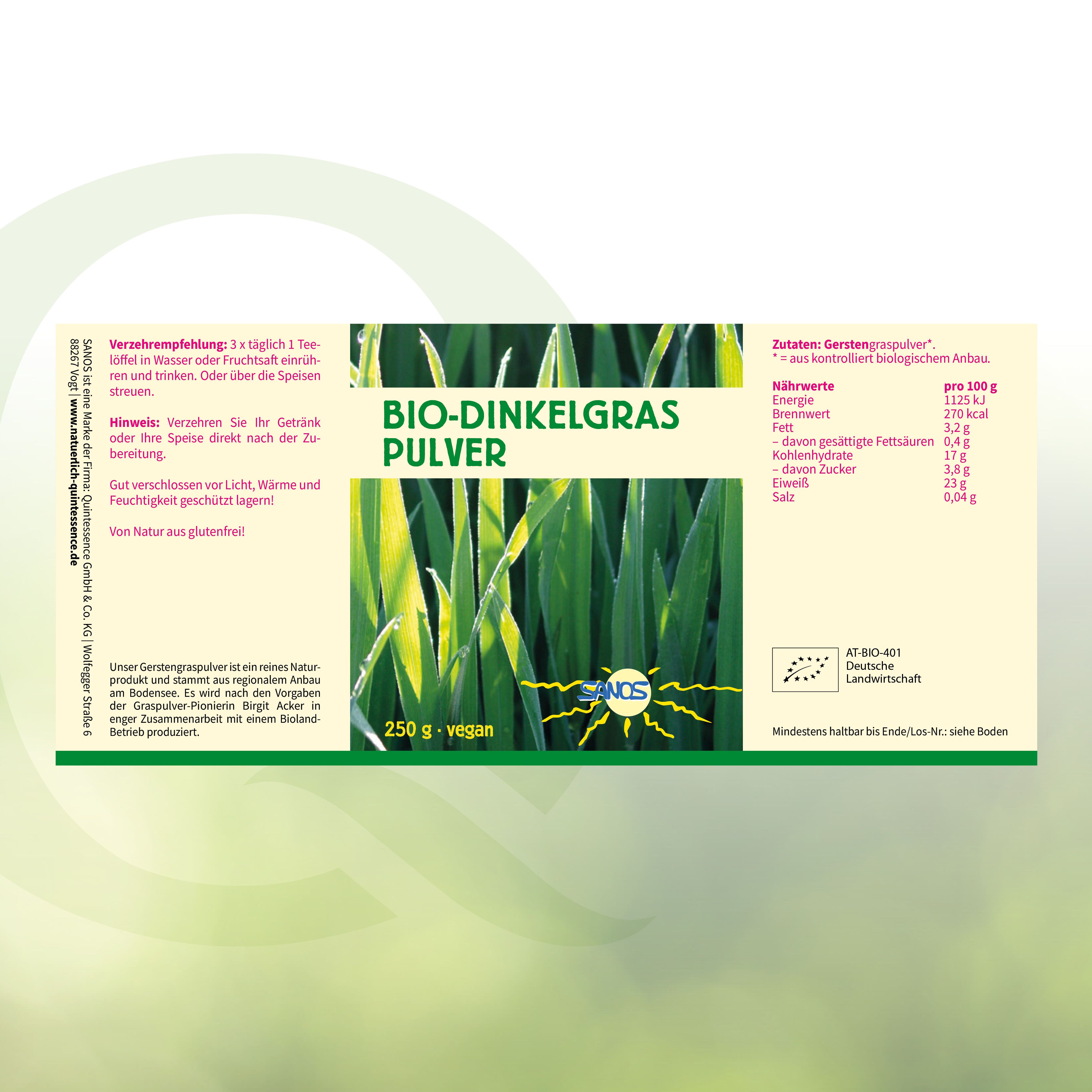 Verpackung von Bio-Dinkelgras Pulver. Text: 250 g, vegan, Sanos. Bio-Siegel.
