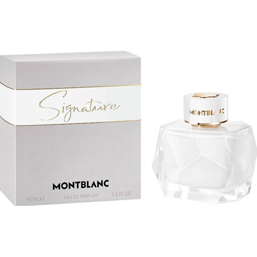 Parfümflasche und Verpackung. Verpackung mit "Signature" und "Montblanc". Flasche weiß.