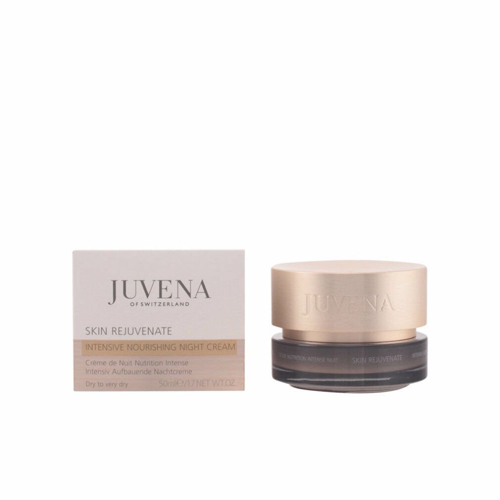 Creme-Tiegel und Schachtel. Aufschrift: JUVENA OF SWITZERLAND, SKIN REJUVENATE, INTENSIVE NOURISHING NIGHT CREAM. Schachtel: Text in mehreren Sprachen.